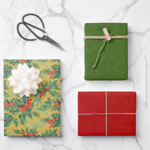 Holly and Berries, Red Leather, Green Textured Set Wrapping Paper Sheets