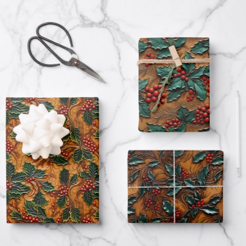 Holly and Berries Tooled Leather Look Assortment Wrapping Paper Sheets
