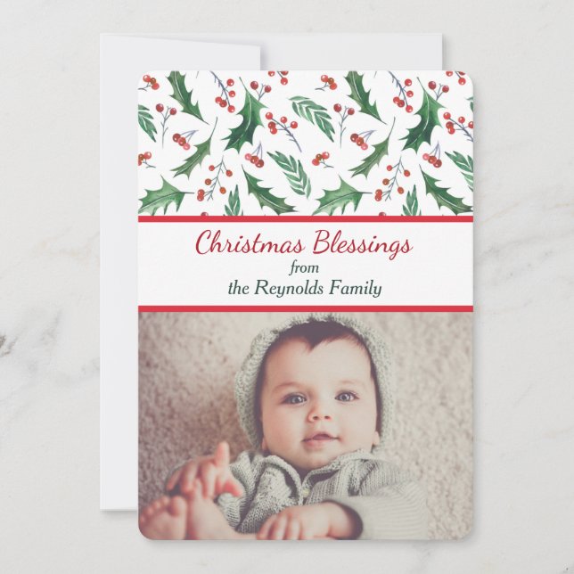 Holly and Berries Two Photo Template Holiday Card (Front)