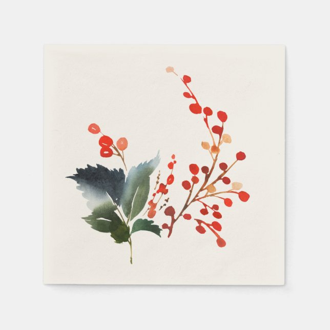 Holly and Berries Watercolor Napkins (Front)