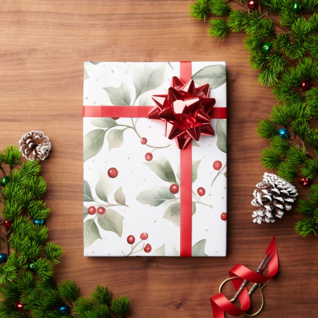 Holly and Berries Watercolor Wrapping Paper (Holiday Gift)
