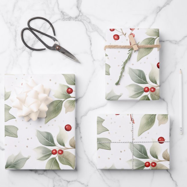 Holly and Berries Watercolor Wrapping Paper Sheets (Front)