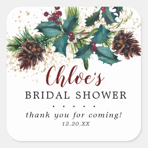 Holly and Berries Winter Botanical Bridal Shower Square Sticker