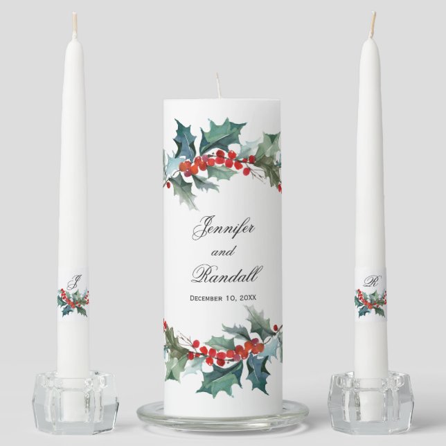 Holly and Berries Winter Wedding Unity Candle Set (Front)