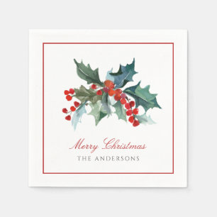 Holly and Berries with Family Name Christmas Napkins