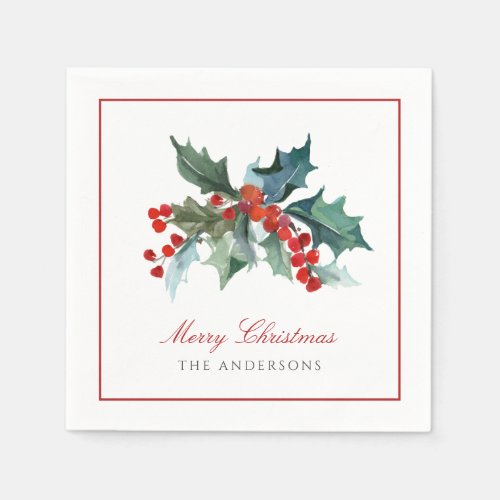 Holly and Berries with Family Name Christmas Napkins