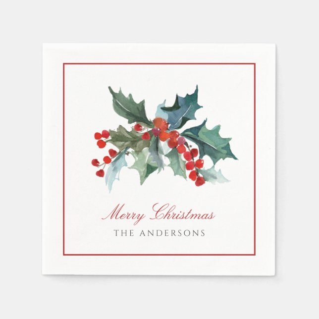 Holly and Berries with Family Name Christmas Napkins (Front)