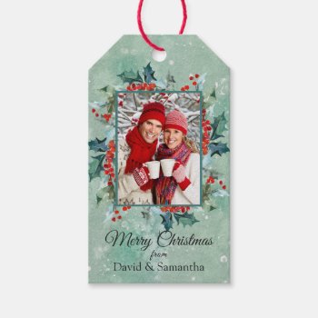 Holly And Berries With Your Christmas Photo Gift Tags by DP_Holidays at Zazzle