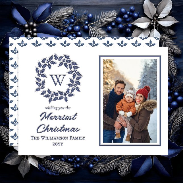 Holly and Berries Wreath Christmas Holiday Blue Letterpress Photo Cards (Holly and Berries Monogrammed Wreath Christmas Holiday Letterpress Photo Cards - Midnight | White )