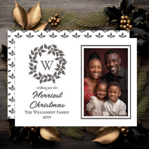Holly and Berries Wreath Christmas Holiday BW Letterpress Photo Cards