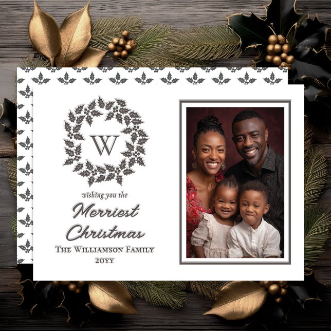 Holly and Berries Wreath Christmas Holiday BW Letterpress Photo Cards (Holly and Berries Monogrammed Wreath Christmas Holiday Letterpress Photo Cards - Soft Black | White )