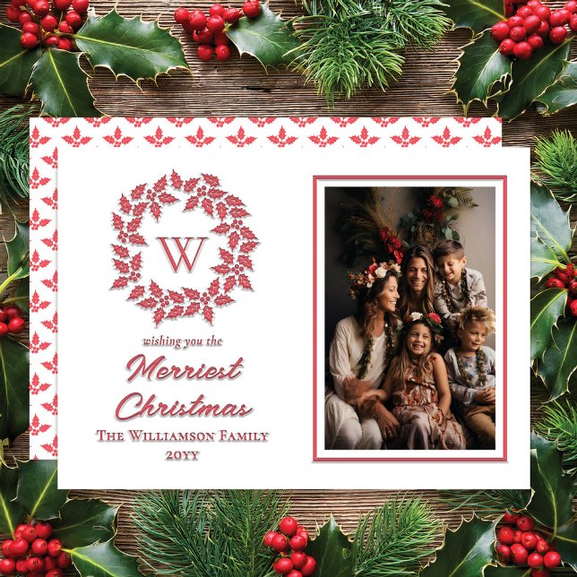 Holly and Berries Wreath Christmas Holiday Letterpress Photo Cards (Holly and Berries Monogrammed Wreath Christmas Holiday Letterpress Photo Cards - Red | White )