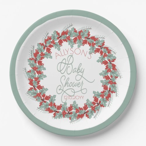 Holly and Berries Wreath Mint  Red Baby Shower Pa Paper Plates