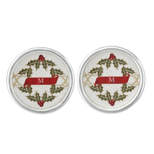 Holly and Berry Holiday Monogrammed for Him Cufflinks