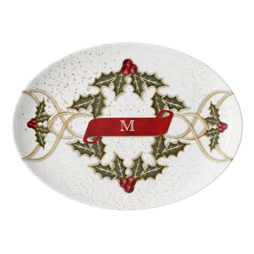 Holly and Berry Monogrammed Retro Holiday Porcelain Serving Platter