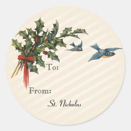 Holly and Birds Holiday Gift Label Stickers Cream