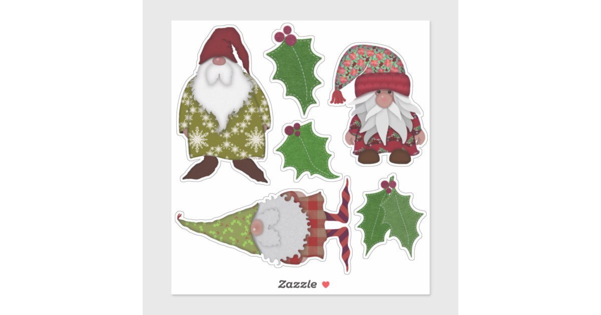 Holly And Christmas Gnomes Felt Look Sticker Zazzle Com