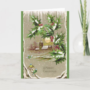 Holly and Church Vintage Christmas Card
