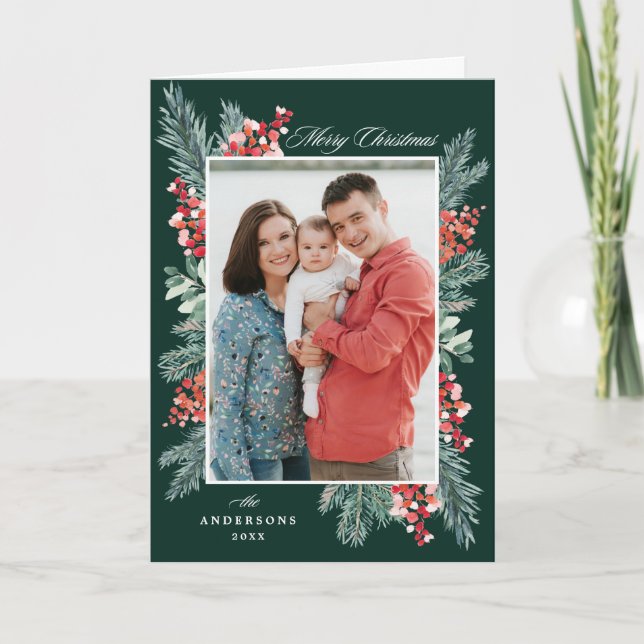 Holly and Evergreen Merry Christmas 2 Photo Holiday Card (Front)