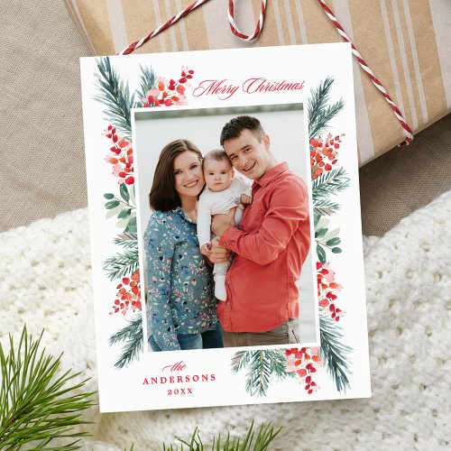 Holly and Evergreen Merry Christmas Photo Holiday Postcard