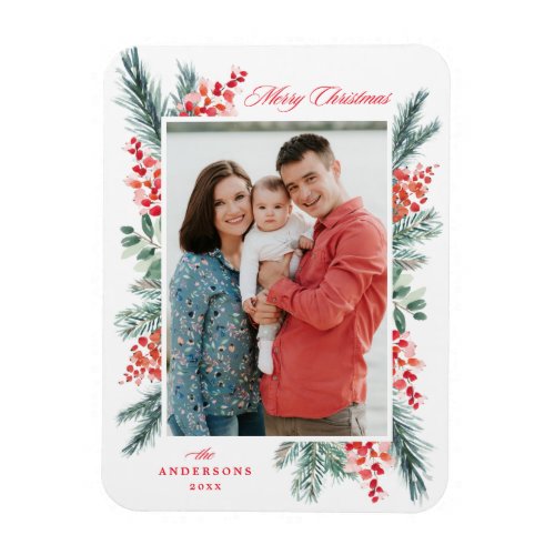 Holly and Evergreen Merry Christmas Photo Magnet