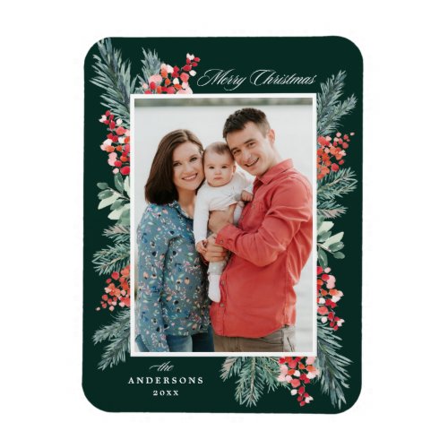 Holly and Evergreen Merry Christmas Photo Magnet