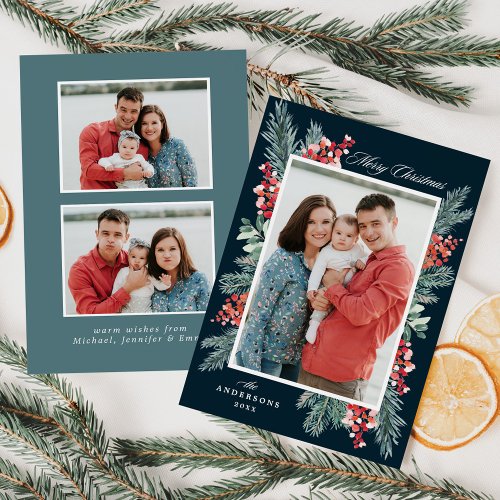 Holly and Evergreen Navy Merry Christmas 3 Photo Holiday Card