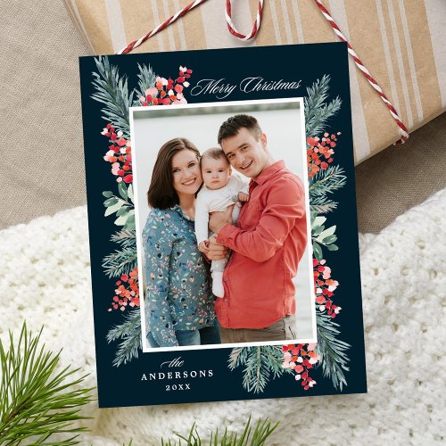 Holly and Evergreen Navy Merry Christmas Photo Holiday Postcard