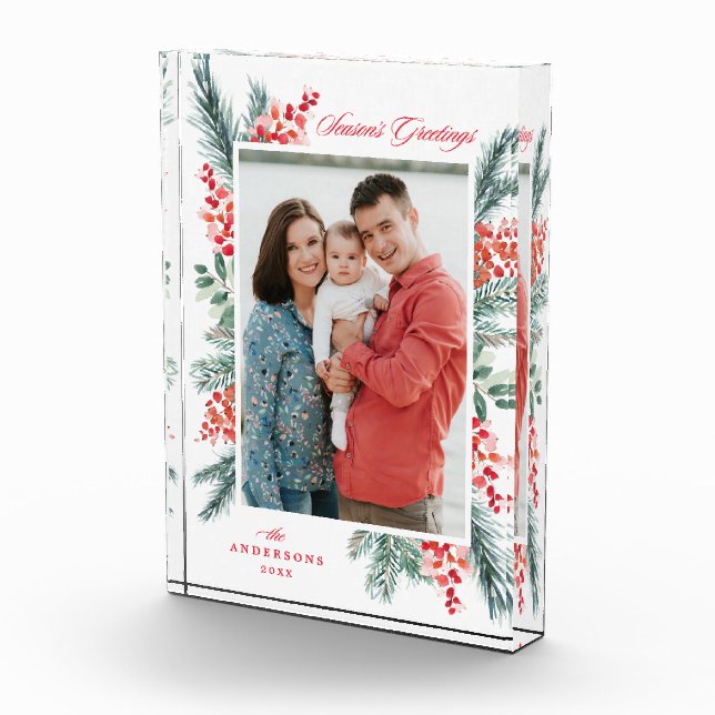 Holly and Evergreen Season's Greetings Holiday Photo Block (Right)