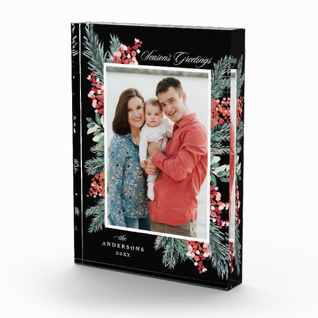 Holly and Evergreen Season's Greetings Holiday Photo Block (Right)