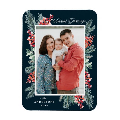 Holly and Evergreen Seasons Greetings Photo Magnet