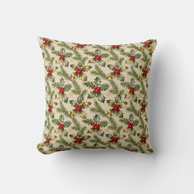 Holly and Evergreens Throw Pillow (Front)