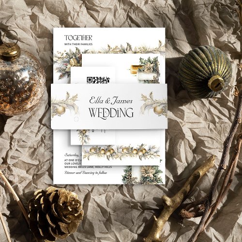 Holly and Gold Ornaments Christmas Wedding Invitation Belly Band