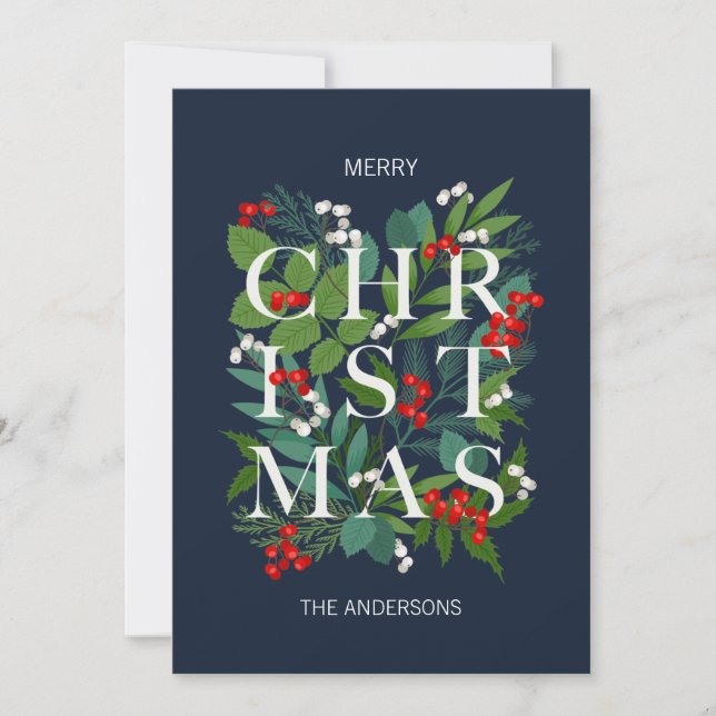 Holly And Greenery Merry Christmas Holiday Card (Front)