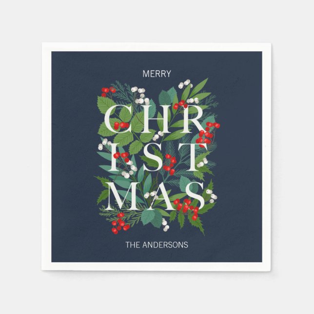 Holly And Greenery Merry Christmas Holiday Napkins (Front)