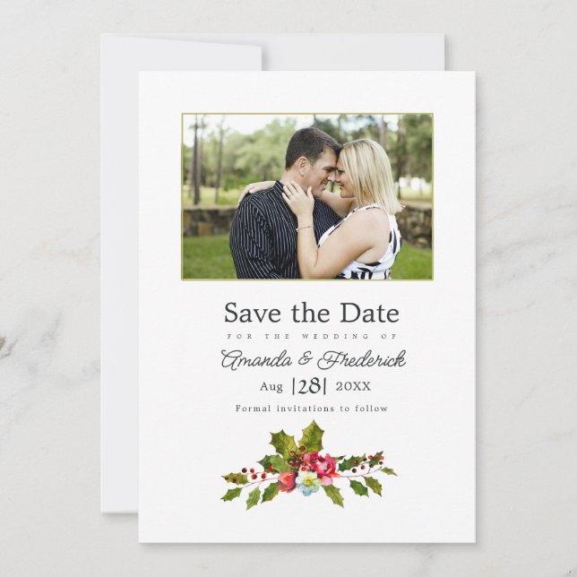 Holly and Ivy Christmas Wedding Photo Save The Date (Front)