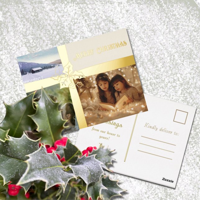 Holly and Ivy Gold Ribbon Foil Holiday Post Card (Creator Uploaded)