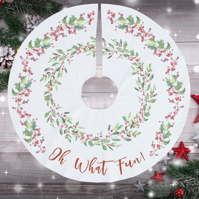 Holly and Ivy Red on White Christmas  Brushed Polyester Tree Skirt (Holly and Ivy, Red and Green, White, Oh What Fun! Brushed Polyester Tree Skirt)
