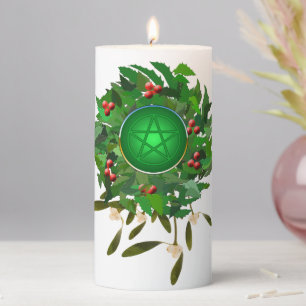 Holly and Mistletoe Pentacle Wreath Pillar Candle