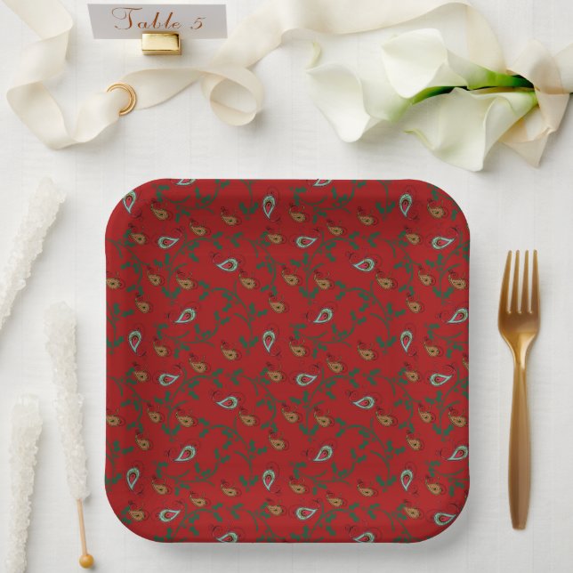 Holly and Paisley Holiday Red Paper Plates (Wedding)
