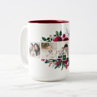 Holly and Pine 5 Photo Collage Monogram Christmas Two-Tone Coffee Mug