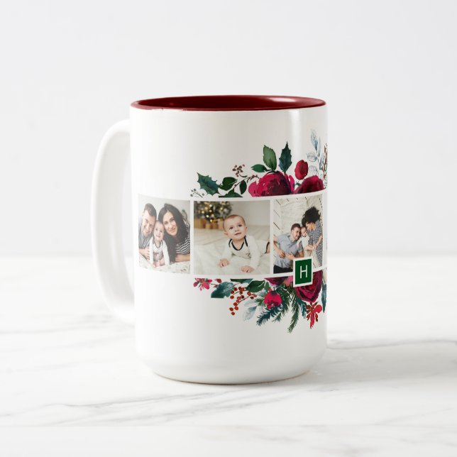 Holly and Pine 5 Photo Collage Monogram Christmas Two-Tone Coffee Mug (Front Left)