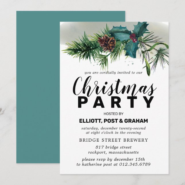 Holly and Pine Botanical Christmas Party Invitation (Front/Back)