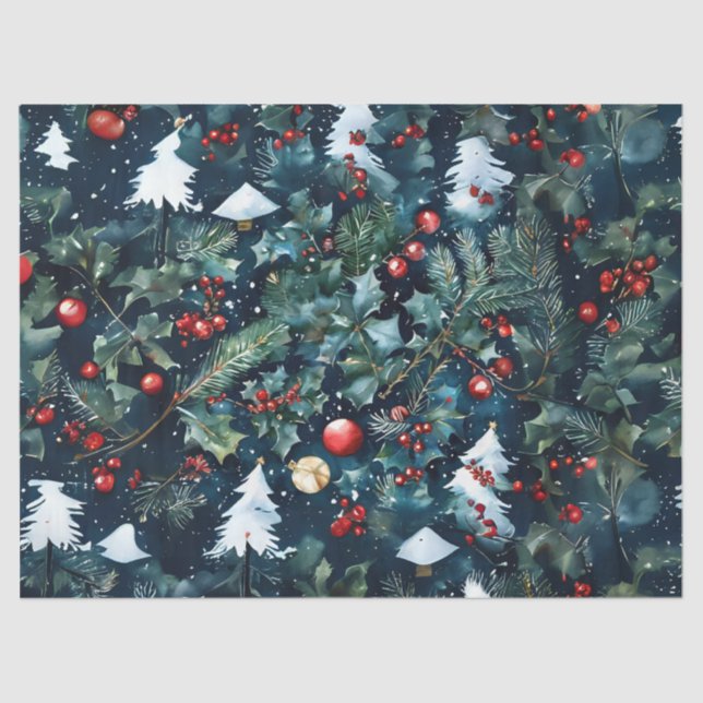 Holly and Pine Christmas Decoupage Craft Paper (Front)