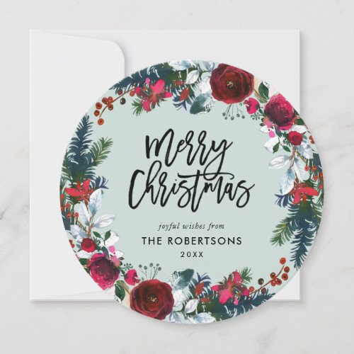 Holly and Pine Christmas Wreath Circle Photo Holiday Card