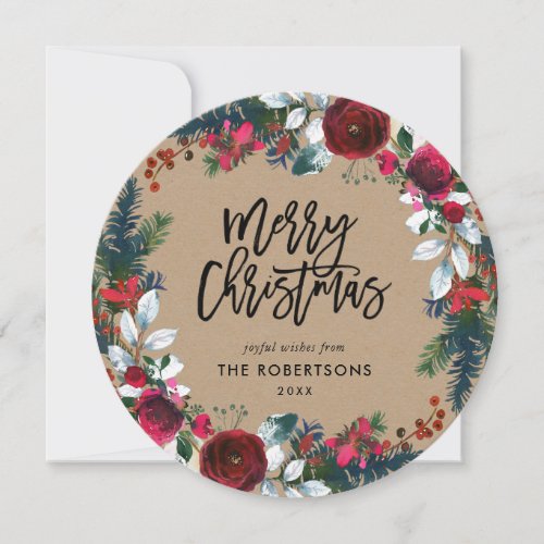 Holly and Pine Christmas Wreath Circle Photo Holiday Card