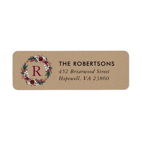 Holly and Pine Christmas Wreath Monogram Address Label