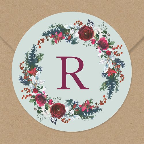 Holly and Pine Christmas Wreath Monogram Classic Round Sticker