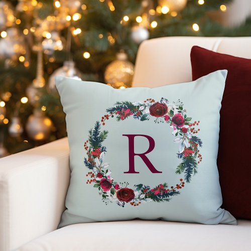 Holly and Pine Christmas Wreath Monogram Throw Pillow