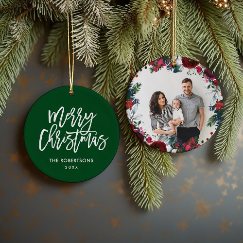 Holly and Pine Christmas Wreath Personalized Photo Ceramic Ornament